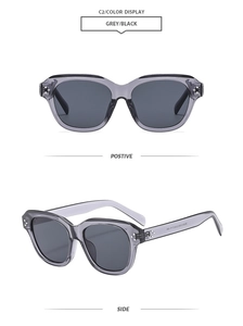 Close-up of grey square sunglasses with silver rivets and thick temples from multiple angles