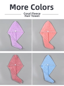 Detailed view of four coral fleece hair drying caps with buttons and checkered piping