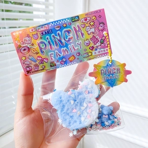 Soft blue PINCH FAMILY bear stress toy set with colorful glitter inside transparent bag