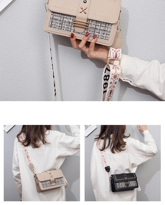 Detail of tweed patchwork handbag with gold clasp and ethnic style embroidered strap