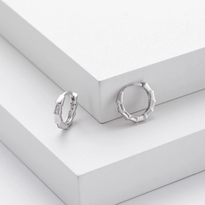 Detail of silver bamboo-joint earrings with sparkling cubic zirconia on white display