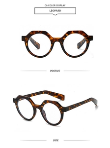 Detail view of leopard print polygon sunglasses showing front and side frame profiles