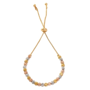 Elegant tri-color 18k gold beaded bracelet with faceted beads and adjustable box chain