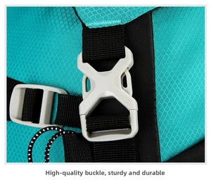 Detail of durable white plastic buckle and nylon webbing on turquoise hiking backpack