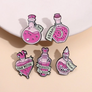 Cute Magic Potion Bottle Enamel Pin Alloy Pink Purple Dream Love Potion Amortentia Heart Moon Brooch Badge For Denim Jacket Backpack Accessory
