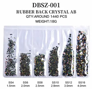 Detail view of Crystal AB nail art rhinestones in six sizes from SS4 to SS16