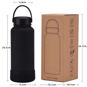 Black 1L insulated sports water bottle with size chart and retail packaging box