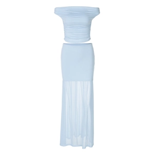 Light blue two-piece set featuring off-shoulder ruched top and sheer mesh skirt