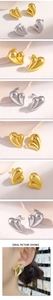 Detail shots of minimalist 18K heart stud earrings in polished gold and silver finishes