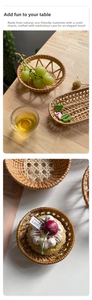 Close-up of hand-woven rattan tray with natural texture for snacks and home decor