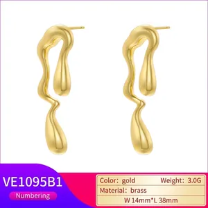 Irregular fluid wave gold brass earrings 14mm x 38mm minimalist curved drop jewelry