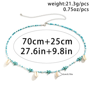 Bohemian waist chain with blue beads, sea shells, starfish charms and size specifications