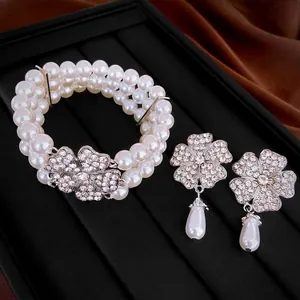 Rhinestone Flower Teardrop Artificial Pearl Earrings With Silver Earring Post Alloy Vintage Elegant Accessory For Women