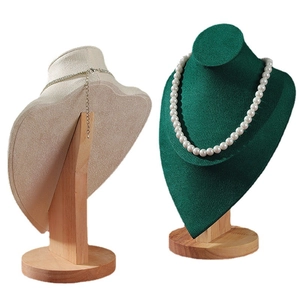 Solid wood portrait bust necklace display stands in beige and dark green velvet finish