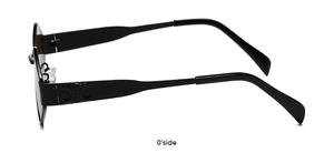 Detail view of black geometric sunglasses temple featuring an embossed interlocking C logo