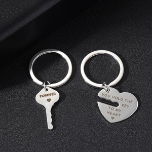 Couples stainless steel key and heart keychain set with Forever engraved message