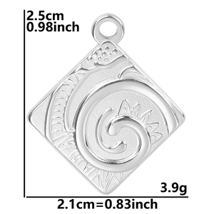 Detail view of square stainless steel pendant with sun engraving and size measurements