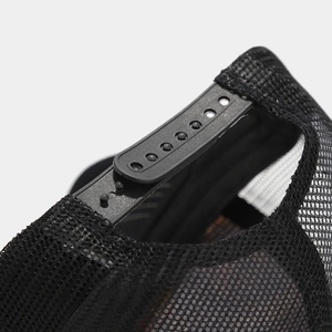 Detail of breathable mesh fabric and adjustable plastic snapback on the black trucker hat