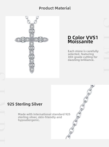 Macro detail of S925 sterling silver cross pendant with D color VVS1 moissanite stones