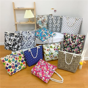 Canvas Tote Bag Large Capacity With Thick Braided Ropes Floral Printed Ethnic Leisure Beach Handbag For Women Zipper Closure