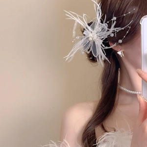 Détail d'une pince à cheveux élégante en plumes blanches avec perles et cristaux de mariée