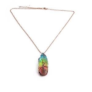 Retro rainbow crystal pendant necklace with bronze wire-wrapped tree of life design