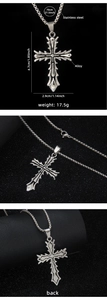 Detail of vintage hip-hop cross necklace showing dimensions and stainless steel chain