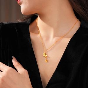 Detail of gold-plated necklace featuring a coin and horse pendant on a delicate chain