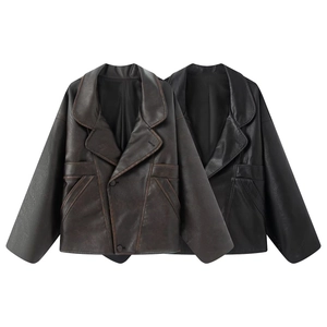 Women PU Leather Jacket Retro Lapel Long Sleeve Single Breasted Vintage Casual Moto Coat With Pockets Fashion Outerwear