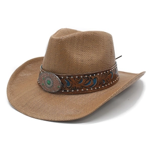 Brown woven cowboy hat with vintage turquoise buckle and patterned leather band