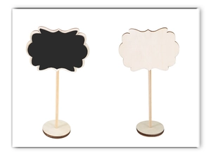 Mini wooden chalkboard signs with wavy edges and stable round bases for party decor