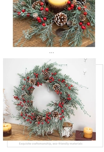 Close-up of artificial pine needles, red berries and snowy pine cones on a Christmas wreath