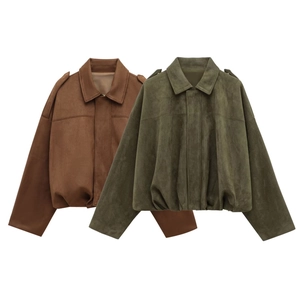 Women's cropped bomber jackets in brown and olive green suede texture with collar