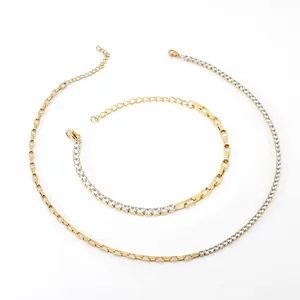 Set Gioielli Collana Bracciale Catena Tennis Impiombata Per Donna Acciaio Inossidabile Placcato Oro 18K Strass Zircone Moda