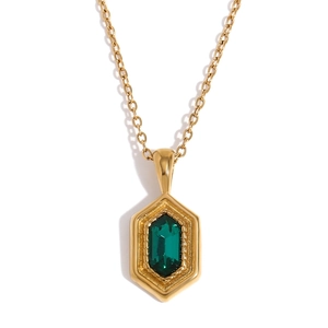 18K gold plated necklace featuring a hexagonal pendant with a green emerald cut gemstone