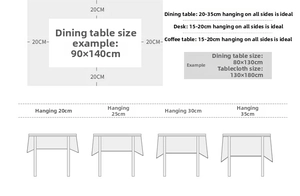 Detailed size guide for tablecloth overhang on dining and tea tables with visual examples