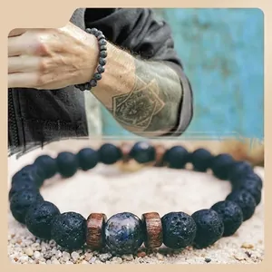Lava Stone Beaded Bracelet With Coconut Wood Chips Gemstone Yoga Energy For Men Unisex Handmade Elastic