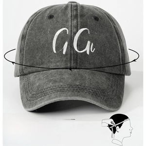 Dark grey washed denim baseball cap featuring GiGi white embroidery and head size guide