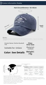 Size chart showing 8cm brim and 56-60cm circumference for the washed cotton baseball cap