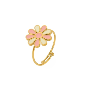 Detail of a gold adjustable flower ring with pink and white enamel daisy petals