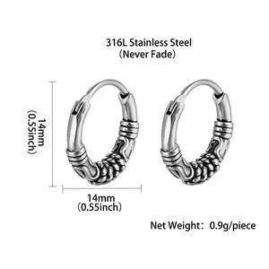 Detail view of vintage 316L stainless steel hoop earrings with 14mm diameter and weight specs