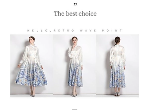 Detailed views of a long sleeve floral satin dress with high neck and waist tie details
