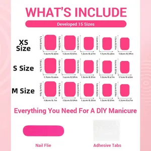 Detailed size chart for press-on nails including dimensions in cm and inch for XS, S, M