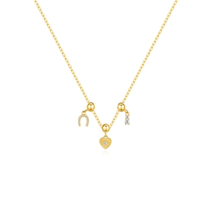 Adjustable gold necklace with horseshoe and heart zircon charms on white background