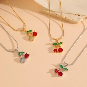 Elegant cherry pendant necklaces in gold and silver finish with red and green gemstones