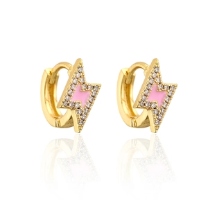 Detailed shot of gold lightning hoop earrings with pink enamel and sparkling crystals