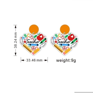 Boucles d'oreilles enseignant en acrylique avec pommes arc-en-ciel et breloques