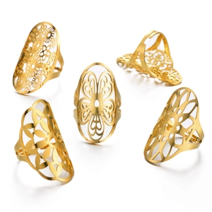 Retro hollowed-out golden stainless steel rings with creative irregular window patterns