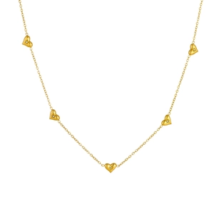 Minimalist gold stainless steel necklace with five heart charms and starburst diamonds