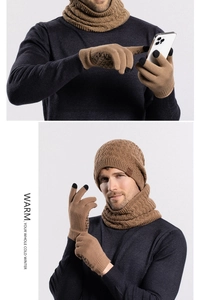 Close-up of winter knit set including touchscreen gloves, neck warmer and warm beanie